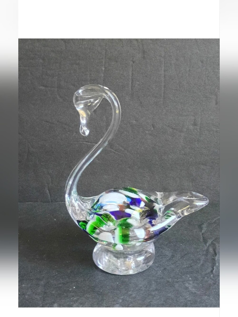 Hand Blown Art Glass Swan Figurine with Multi Colors Clear Base 5 3/4"